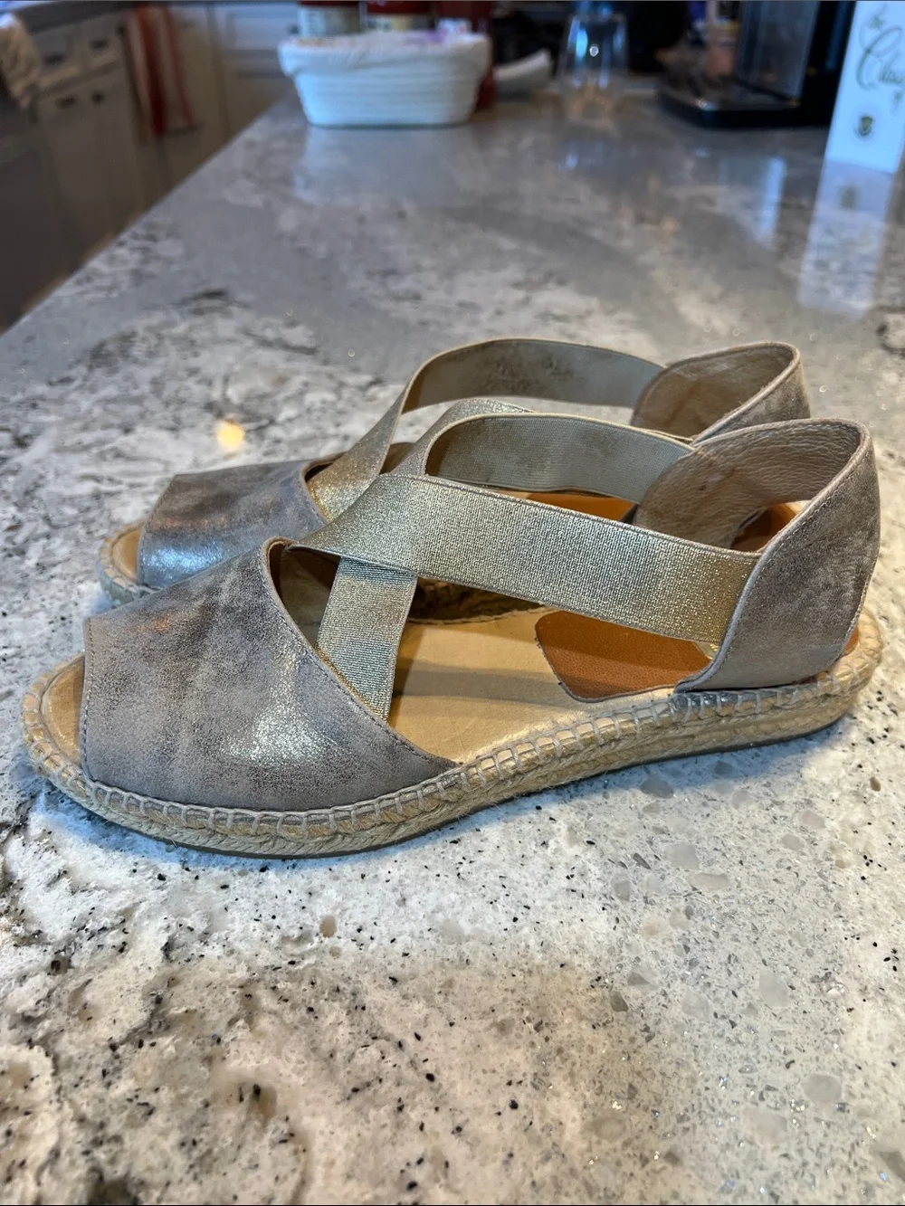 kanna Metallic Silver and Gold Cross-Strap Espadrille Sandals EU38 US7.5/8